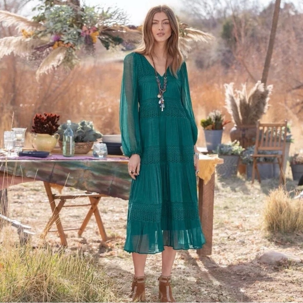 Sundance Dress M Green Teal Cottagecore Tiered Midi Adore Moi Sheer Chiffon Slip